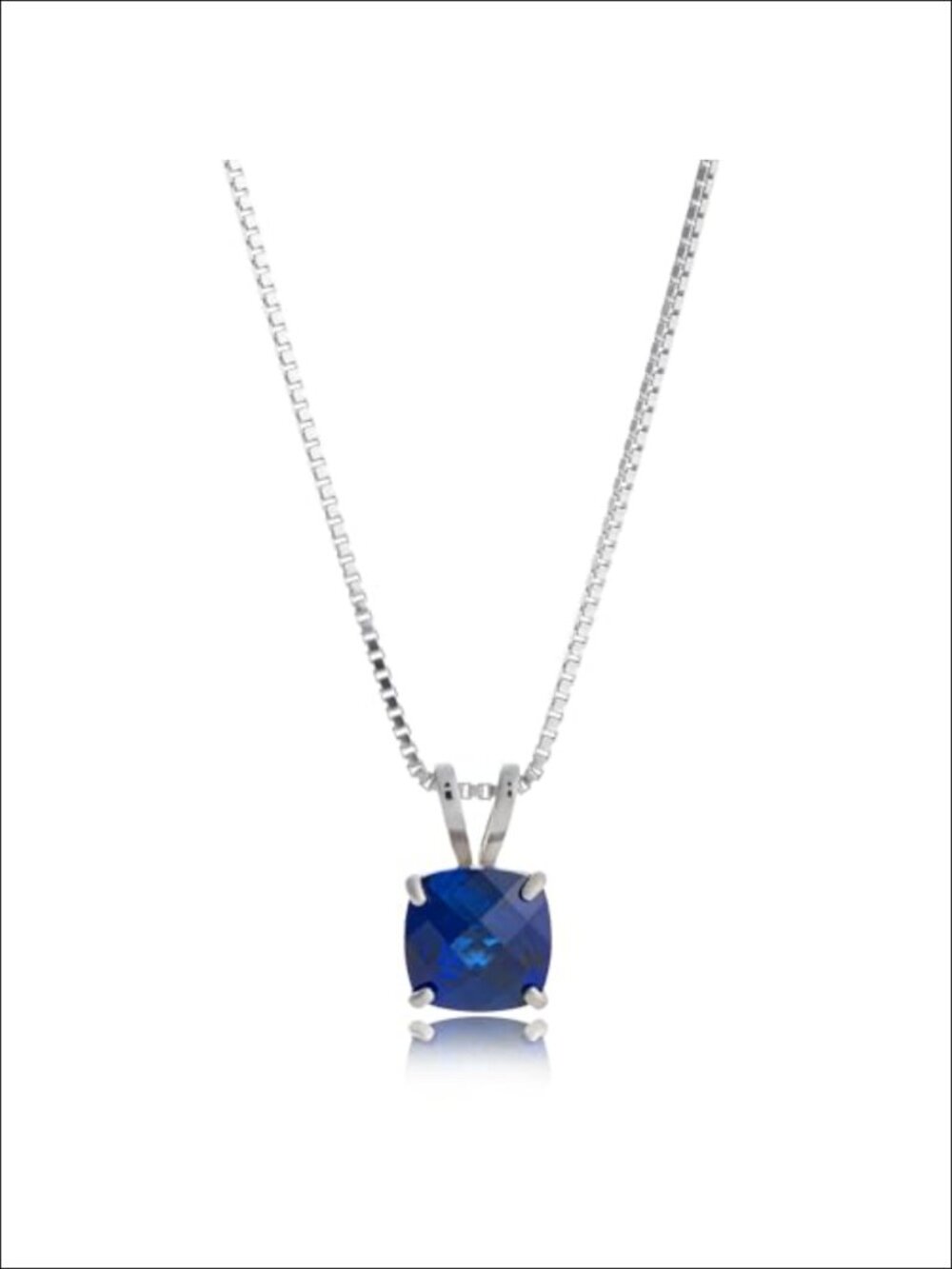 Sterling Silver Cushion Cut Created Sapphire Pendant Necklace Solitaire 18in